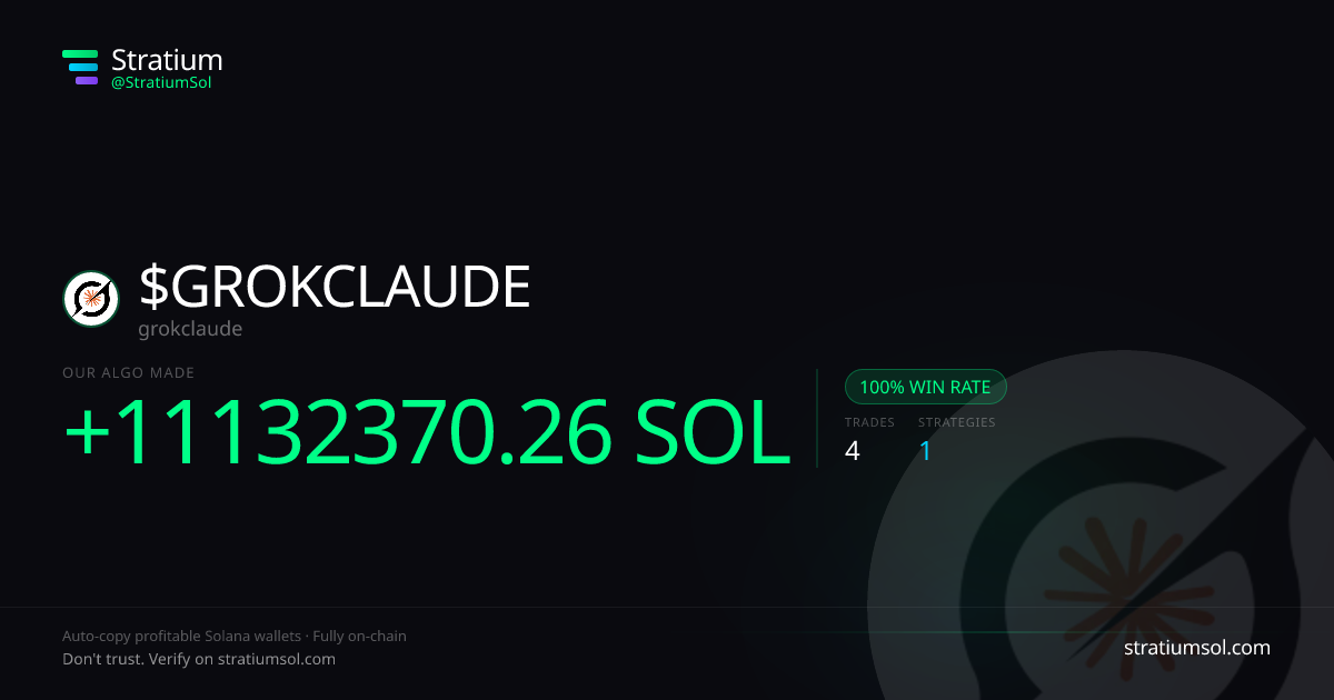 GROKCLAUDE copy trading performance on Stratium — 4 trades, 100% win rate, +11132370.26 SOL PnL
