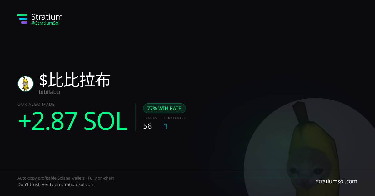 比比拉布 copy trading performance on Stratium — 56 trades, 77% win rate, +2.87 SOL PnL