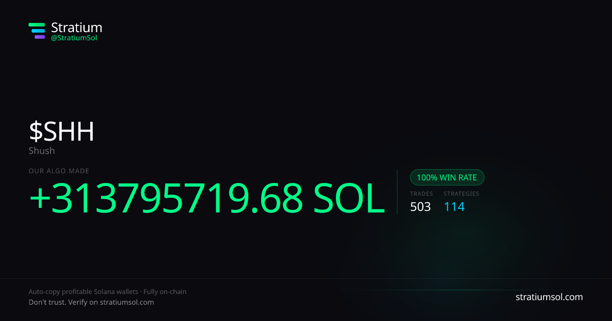 SHH copy trading performance on Stratium — 503 trades, 100% win rate, +313795719.68 SOL PnL