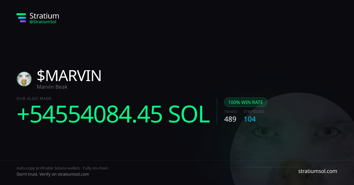 MARVIN copy trading performance on Stratium — 489 trades, 100% win rate, +54554084.45 SOL PnL
