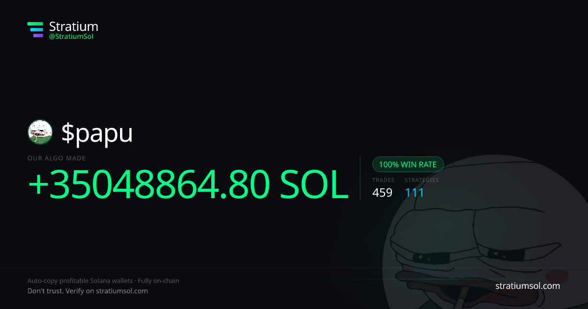 papu copy trading performance on Stratium — 459 trades, 100% win rate, +35048864.80 SOL PnL