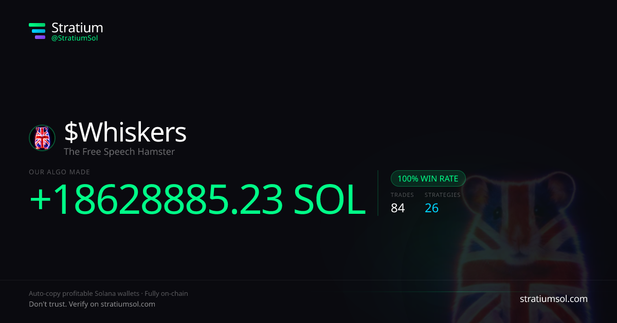 Whiskers copy trading performance on Stratium — 84 trades, 100% win rate, +18628885.23 SOL PnL