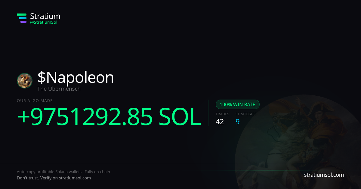 Napoleon copy trading performance on Stratium — 42 trades, 100% win rate, +9751292.85 SOL PnL