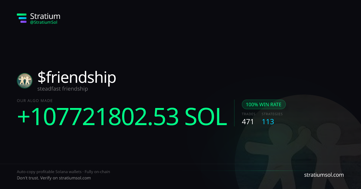 friendship copy trading performance on Stratium — 471 trades, 100% win rate, +107721802.53 SOL PnL