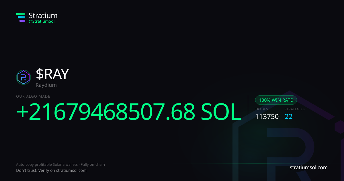 RAY copy trading performance on Stratium — 113750 trades, 100% win rate, +21679468507.68 SOL PnL