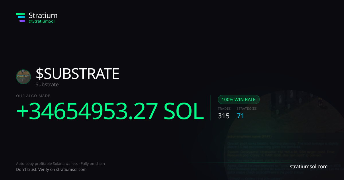 SUBSTRATE copy trading performance on Stratium — 315 trades, 100% win rate, +34654953.27 SOL PnL