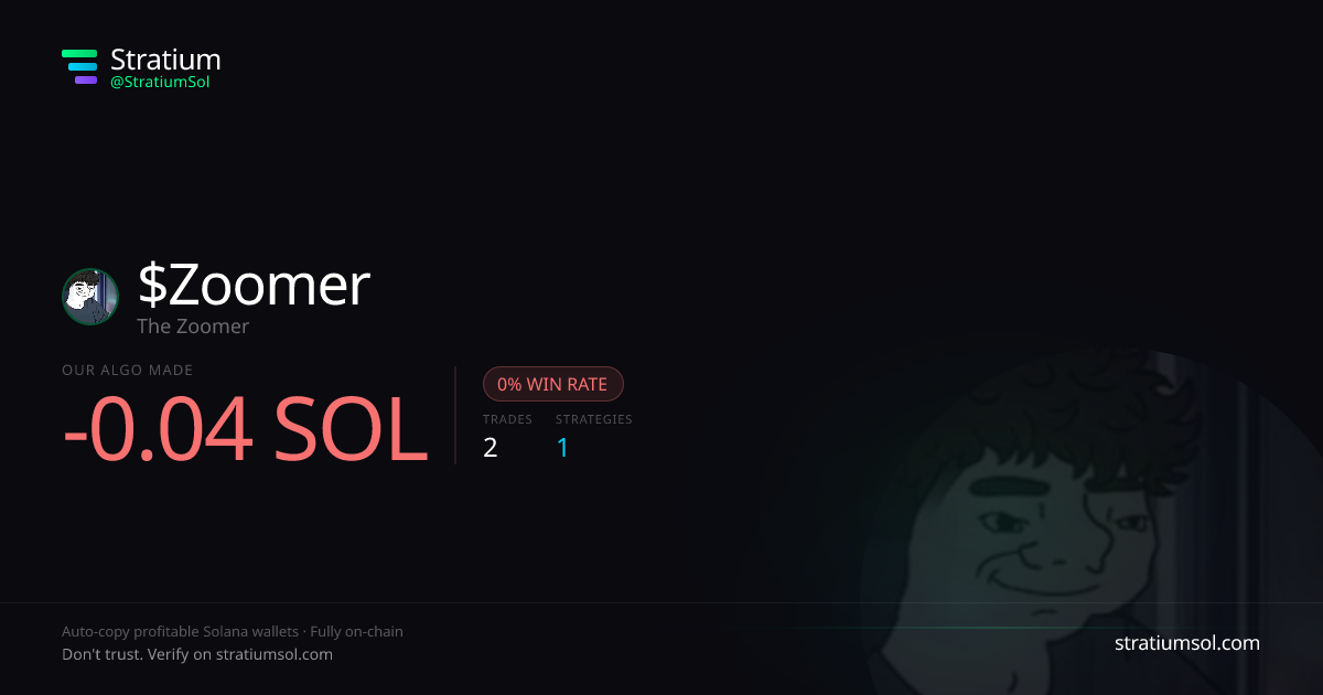 Zoomer copy trading performance on Stratium — 2 trades, 0% win rate, -0.04 SOL PnL
