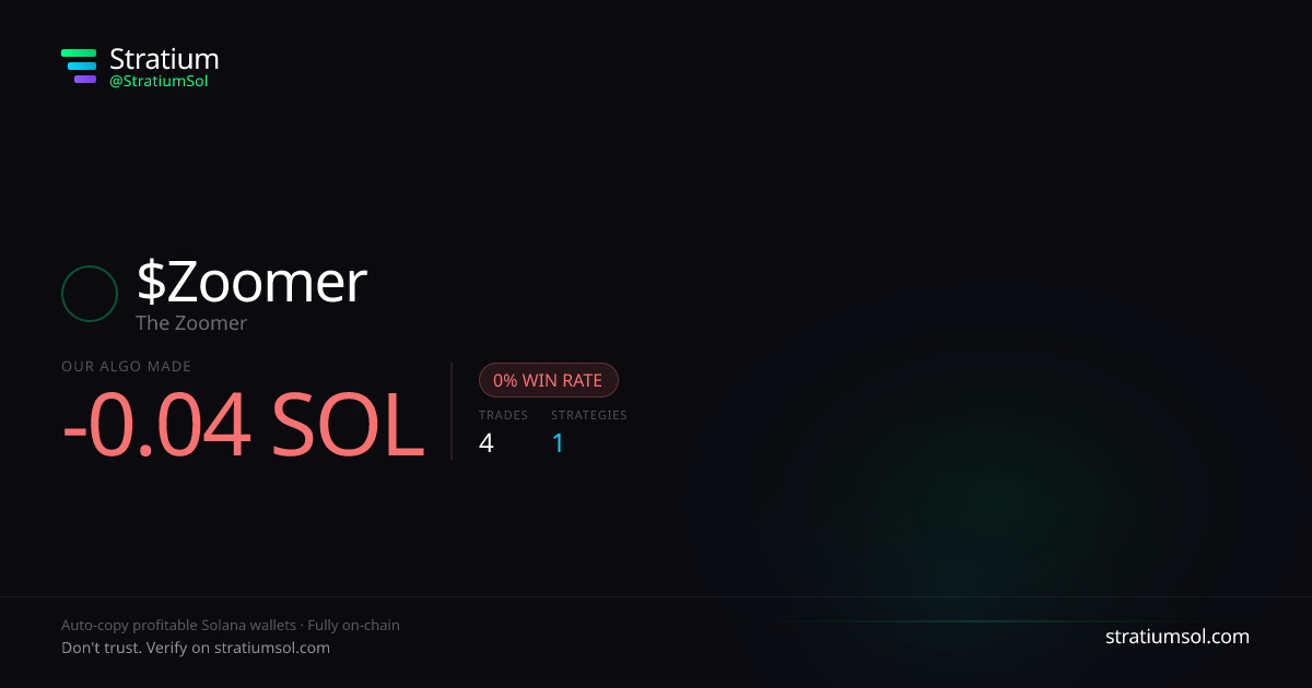 Zoomer copy trading performance on Stratium — 4 trades, 0% win rate, -0.04 SOL PnL