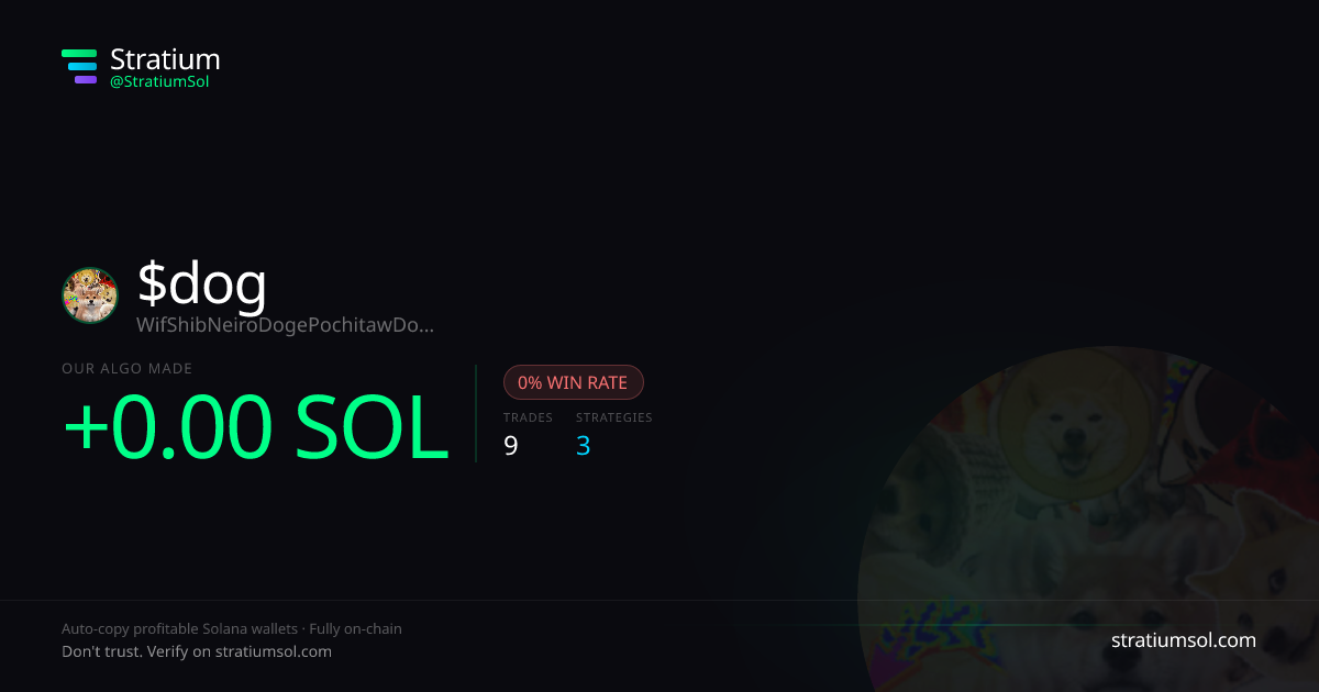 dog copy trading performance on Stratium — 9 trades, 0% win rate, -0.00 SOL PnL