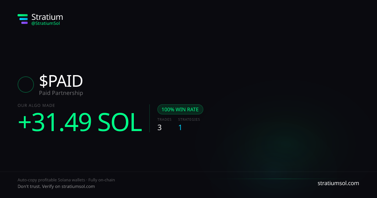 PAID copy trading performance on Stratium — 3 trades, 100% win rate, +31.49 SOL PnL