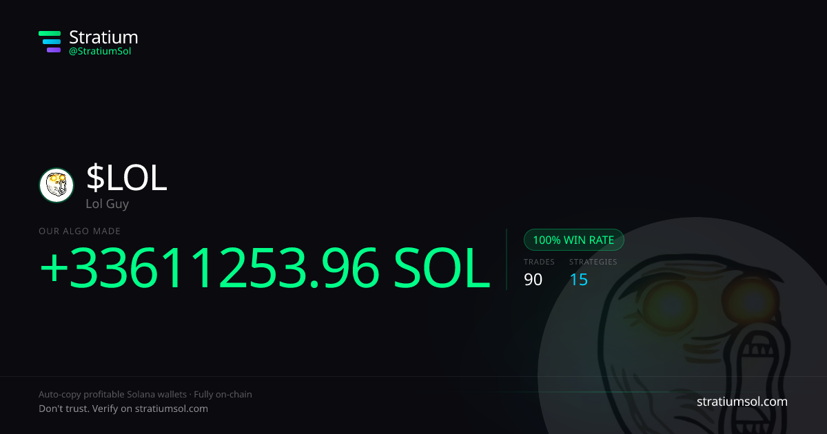 LOL copy trading performance on Stratium — 90 trades, 100% win rate, +33611253.96 SOL PnL