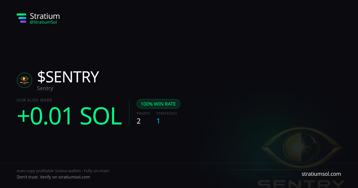 SENTRY copy trading performance on Stratium — 2 trades, 100% win rate, +0.01 SOL PnL