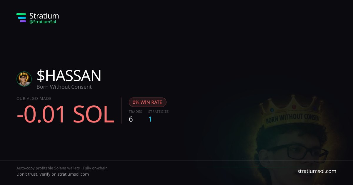 HASSAN copy trading performance on Stratium — 6 trades, 0% win rate, -0.01 SOL PnL