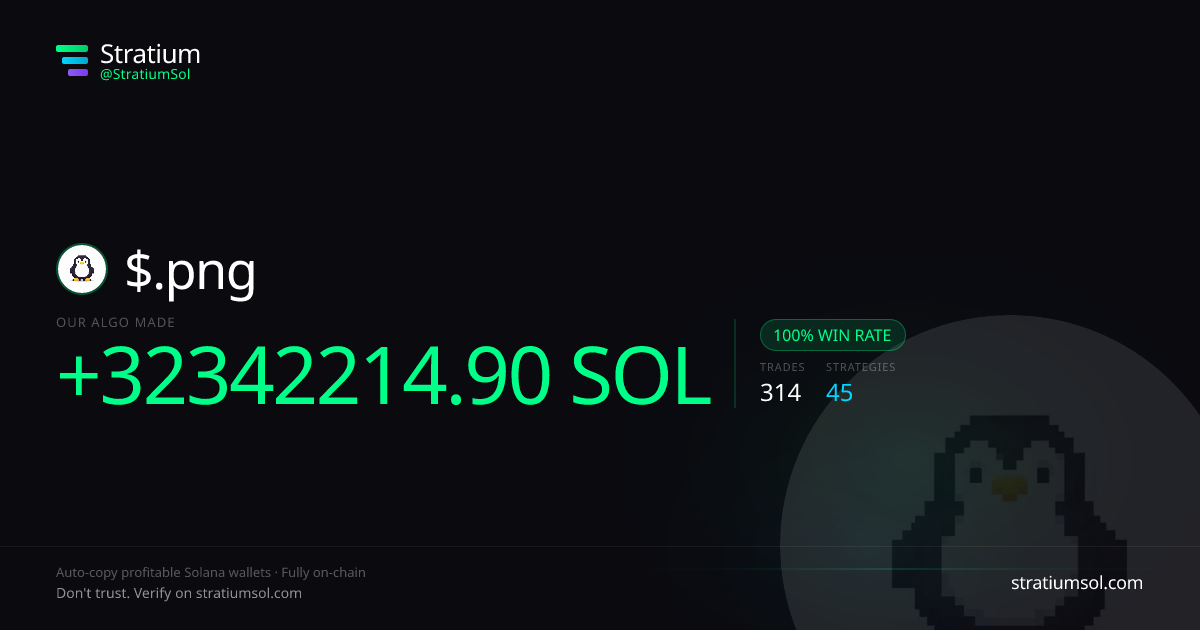 .png copy trading performance on Stratium — 314 trades, 100% win rate, +32342214.90 SOL PnL