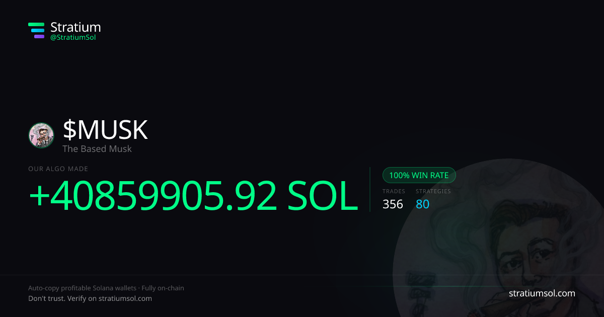 MUSK copy trading performance on Stratium — 356 trades, 100% win rate, +40859905.92 SOL PnL