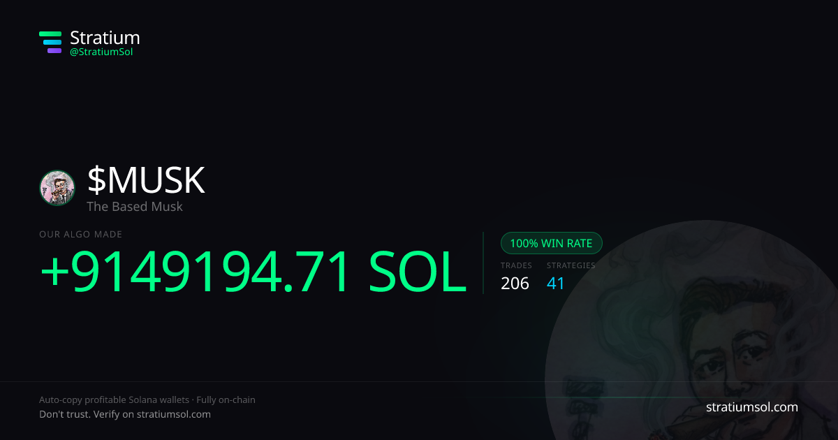 MUSK copy trading performance on Stratium — 206 trades, 100% win rate, +9149194.71 SOL PnL
