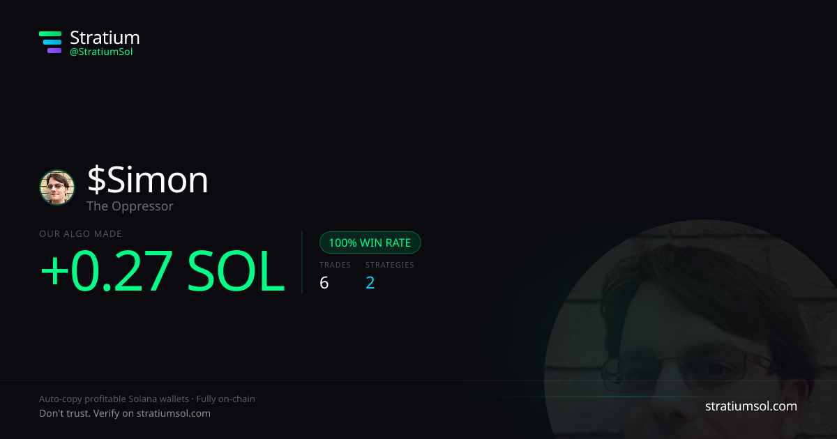 Simon copy trading performance on Stratium — 6 trades, 100% win rate, +0.27 SOL PnL