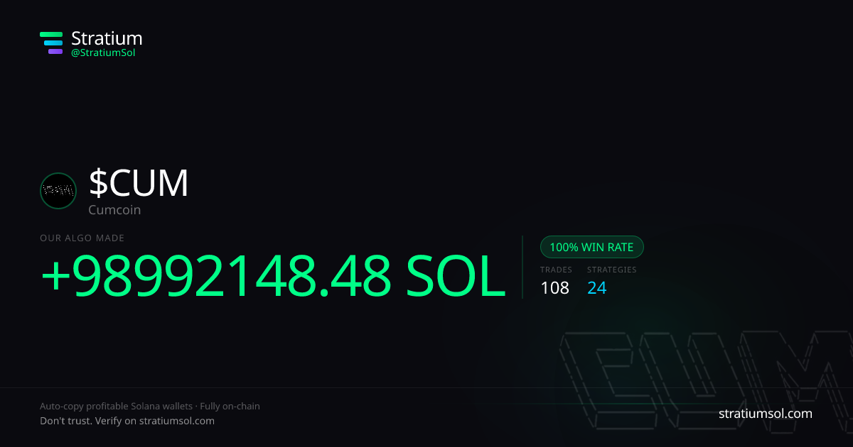 CUM copy trading performance on Stratium — 108 trades, 100% win rate, +98992148.48 SOL PnL
