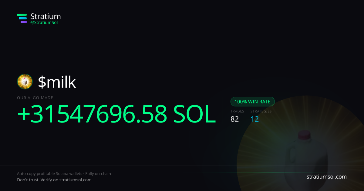 milk copy trading performance on Stratium — 82 trades, 100% win rate, +31547696.58 SOL PnL