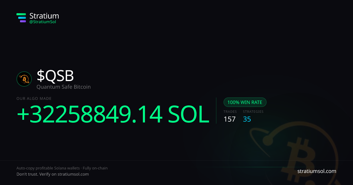 QSB copy trading performance on Stratium — 157 trades, 100% win rate, +32258849.14 SOL PnL