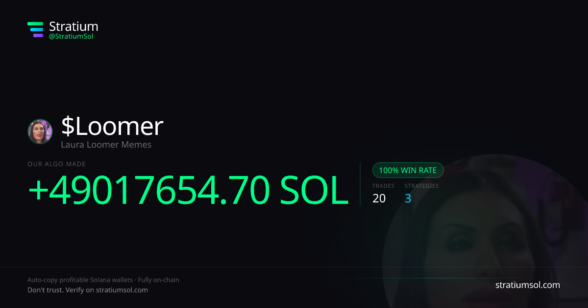 Loomer copy trading performance on Stratium — 20 trades, 100% win rate, +49017654.70 SOL PnL