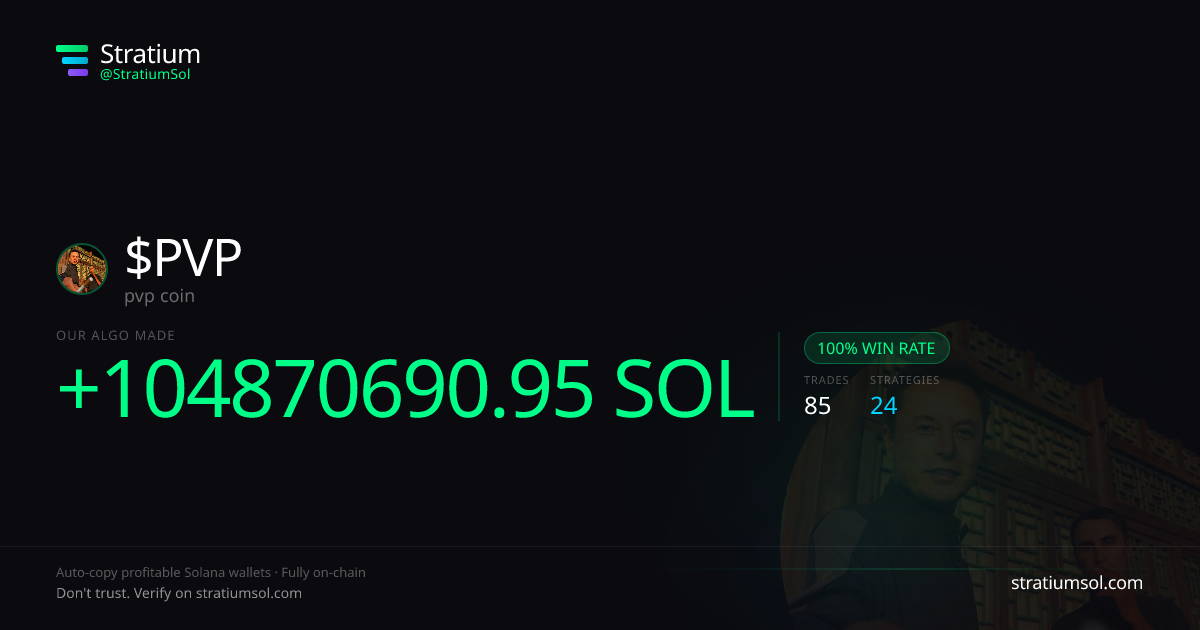 PVP copy trading performance on Stratium — 85 trades, 100% win rate, +104870690.95 SOL PnL