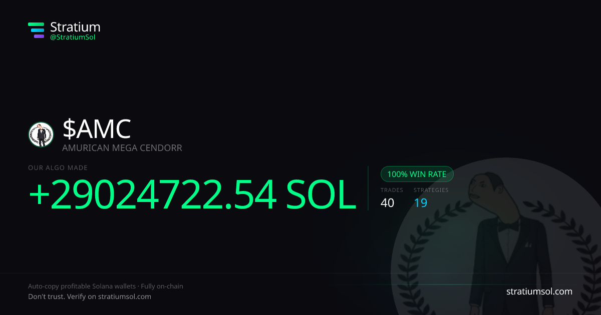 AMC copy trading performance on Stratium — 40 trades, 100% win rate, +29024722.54 SOL PnL