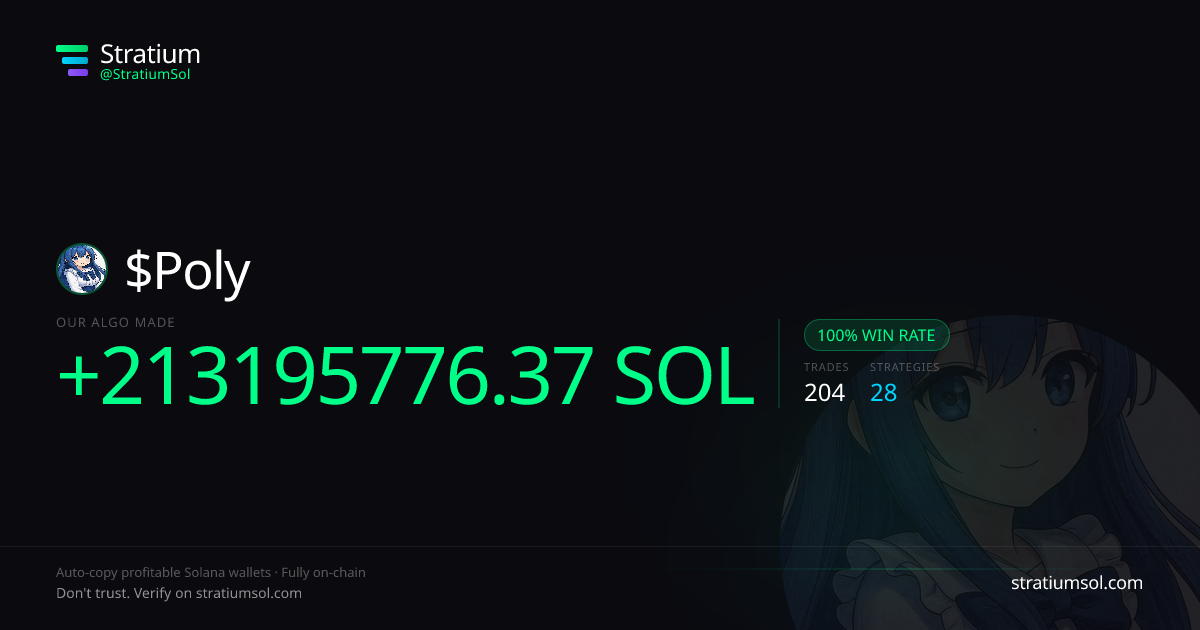 Poly copy trading performance on Stratium — 204 trades, 100% win rate, +213195776.37 SOL PnL