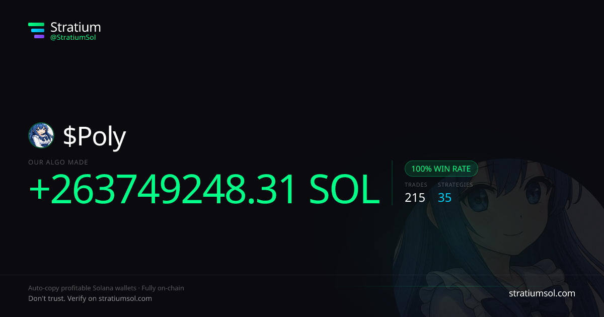 Poly copy trading performance on Stratium — 215 trades, 100% win rate, +263749248.31 SOL PnL