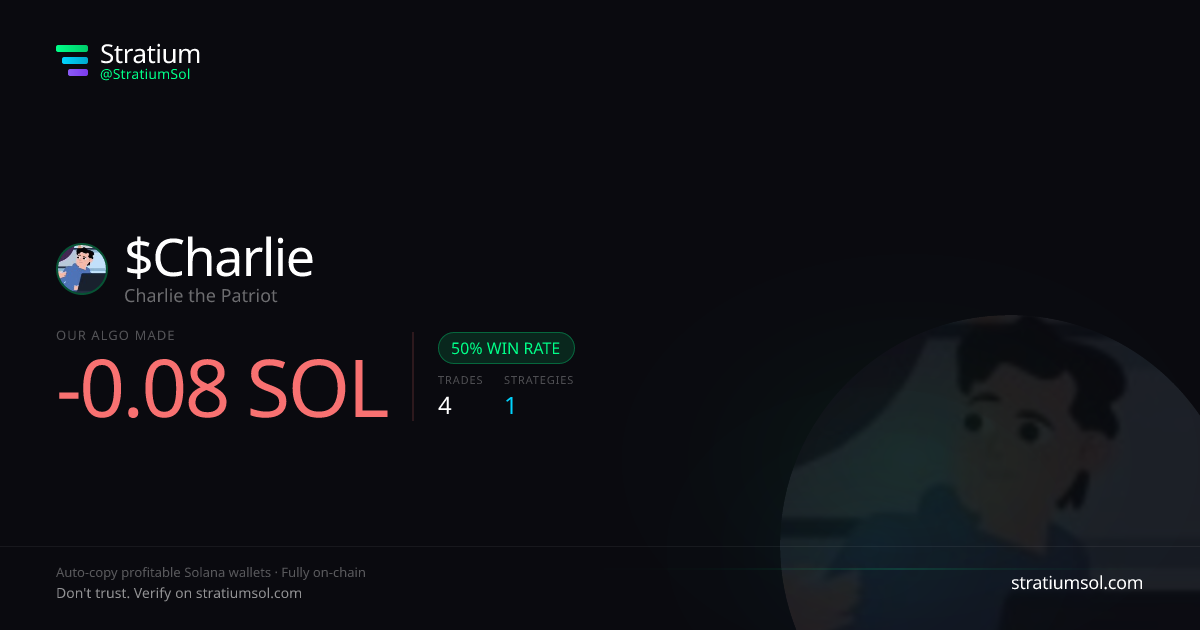 Charlie copy trading performance on Stratium — 4 trades, 50% win rate, -0.08 SOL PnL