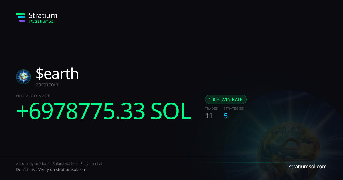 earth copy trading performance on Stratium — 11 trades, 100% win rate, +6978775.33 SOL PnL