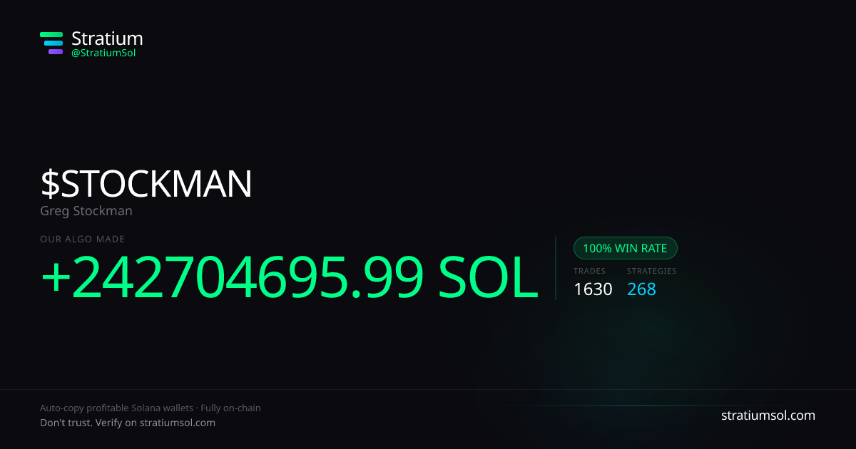 STOCKMAN copy trading performance on Stratium — 1630 trades, 100% win rate, +242704695.99 SOL PnL