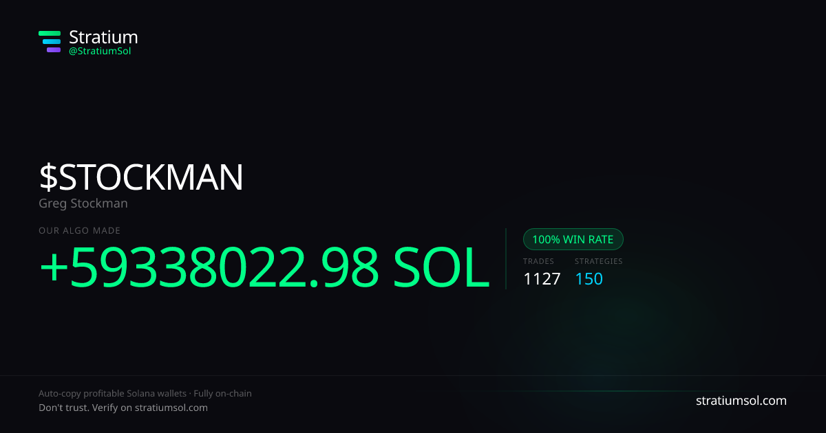 STOCKMAN copy trading performance on Stratium — 1127 trades, 100% win rate, +59338022.98 SOL PnL
