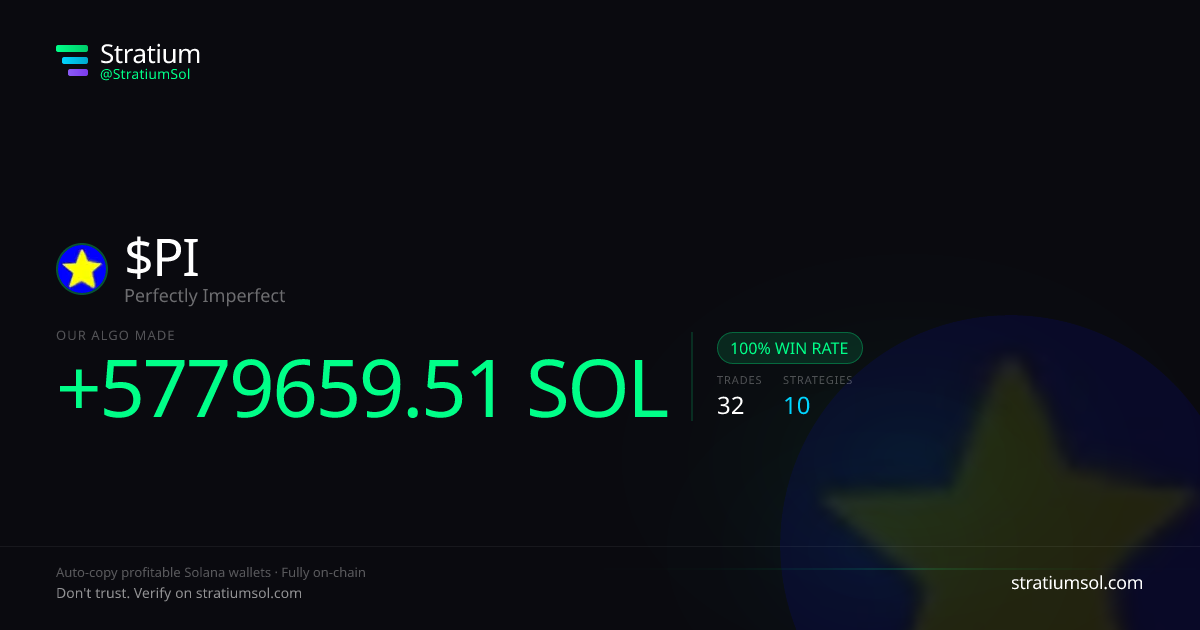 PI copy trading performance on Stratium — 32 trades, 100% win rate, +5779659.51 SOL PnL