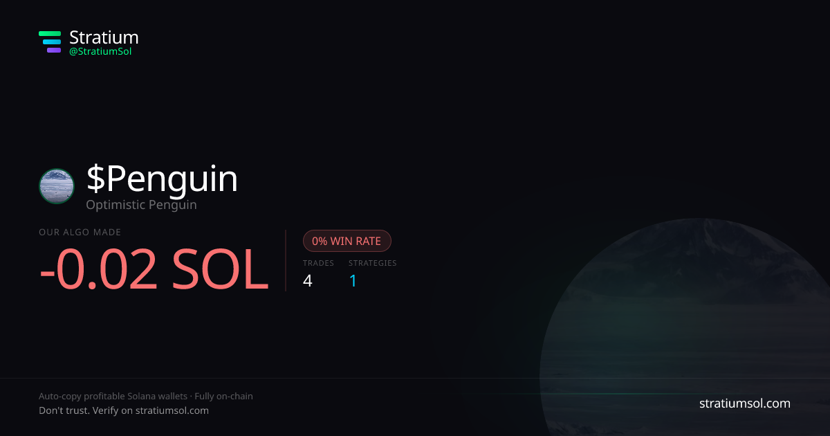 Penguin copy trading performance on Stratium — 4 trades, 0% win rate, -0.02 SOL PnL