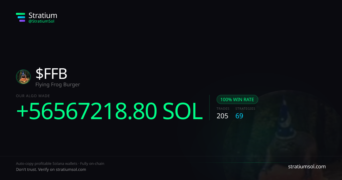 FFB copy trading performance on Stratium — 205 trades, 100% win rate, +56567218.80 SOL PnL
