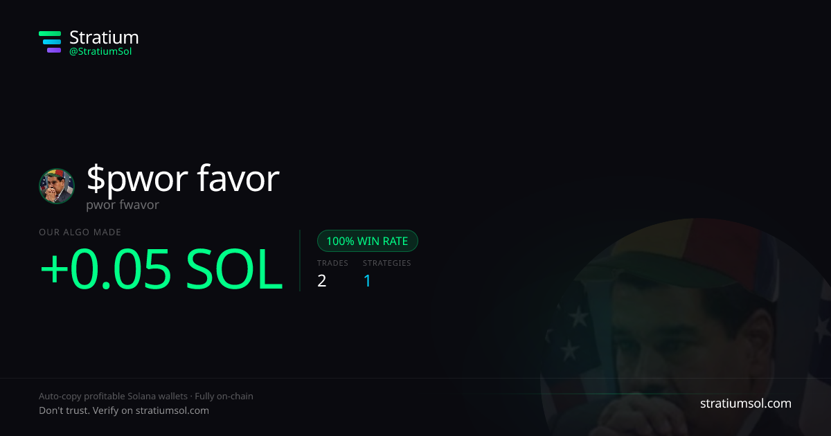 pwor favor copy trading performance on Stratium — 2 trades, 100% win rate, +0.05 SOL PnL