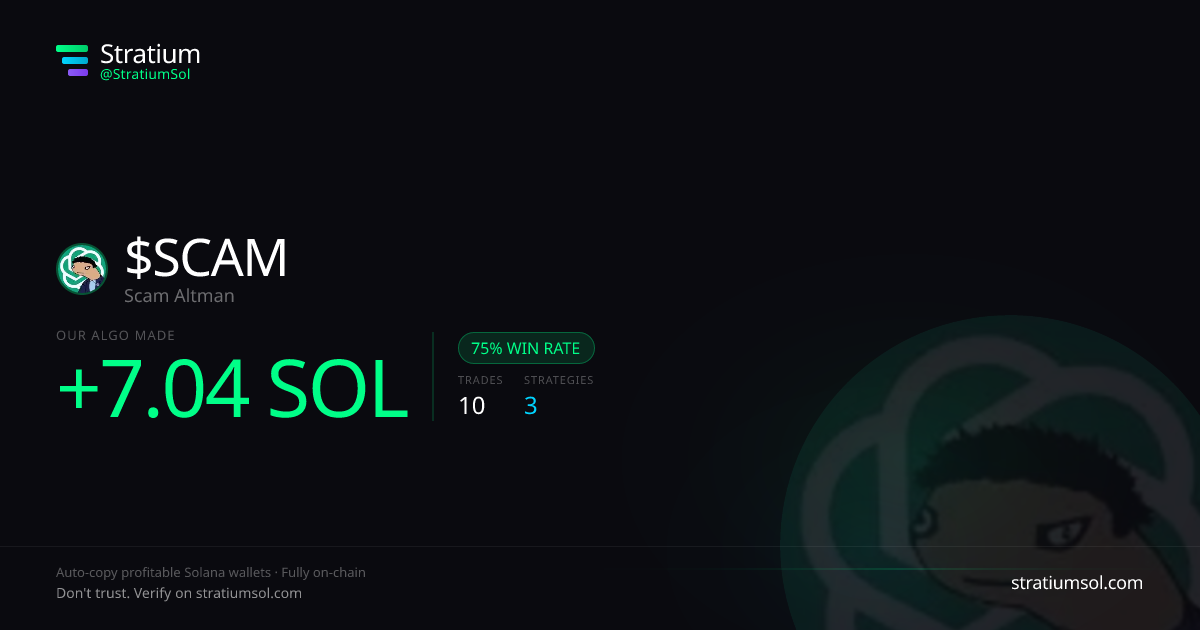 SCAM copy trading performance on Stratium — 10 trades, 75% win rate, +7.04 SOL PnL
