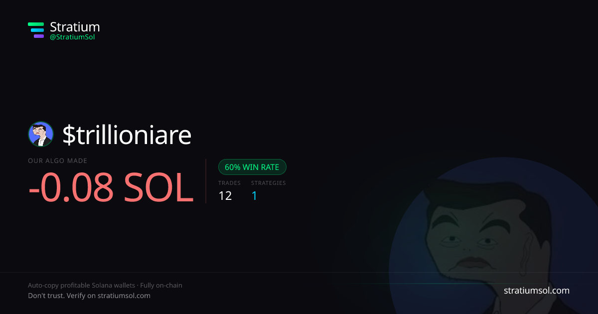 trillioniare copy trading performance on Stratium — 12 trades, 60% win rate, -0.08 SOL PnL