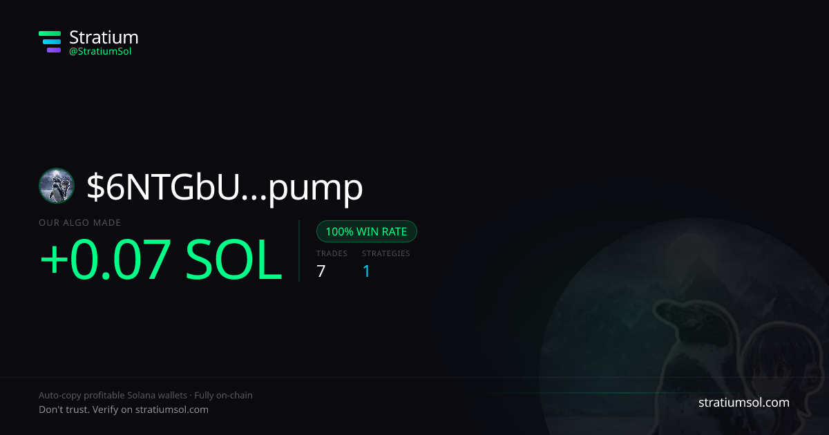 6NTGbU…pump copy trading performance on Stratium — 7 trades, 100% win rate, +0.07 SOL PnL