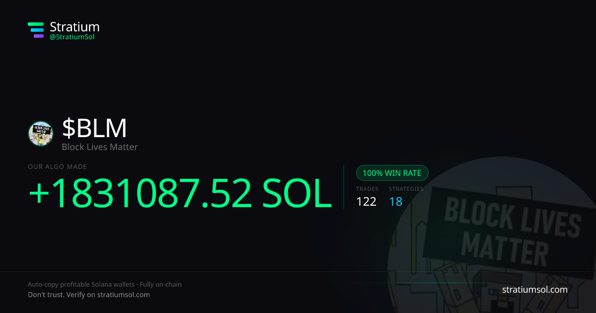 BLM copy trading performance on Stratium — 122 trades, 100% win rate, +1831087.52 SOL PnL