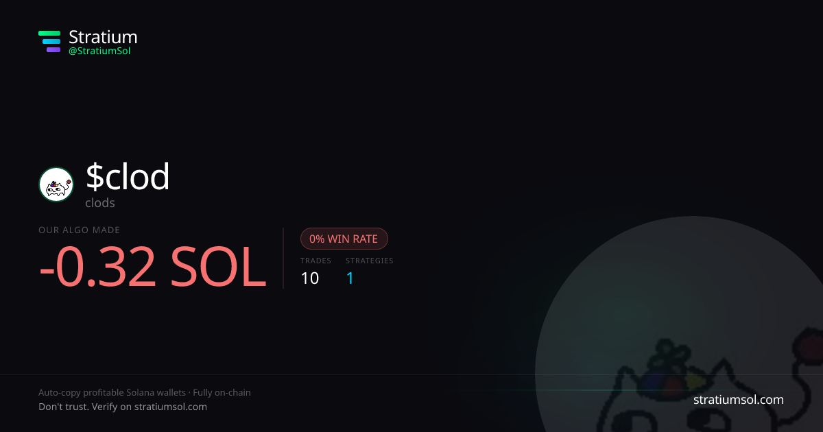 clod copy trading performance on Stratium — 10 trades, 0% win rate, -0.32 SOL PnL