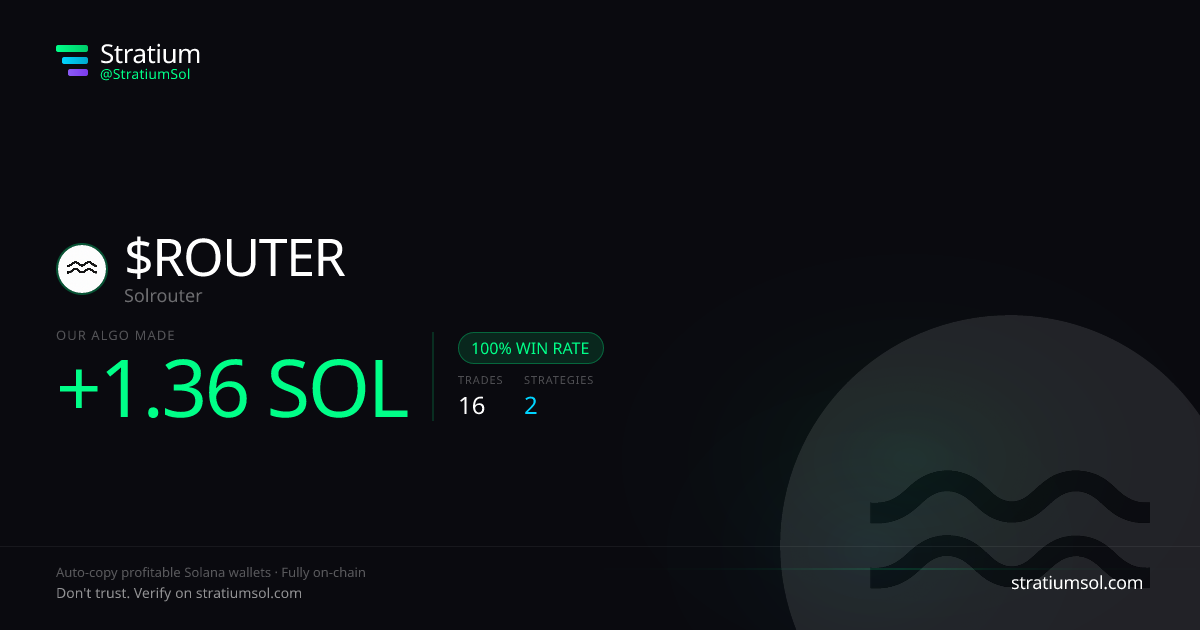 ROUTER copy trading performance on Stratium — 16 trades, 100% win rate, +1.36 SOL PnL