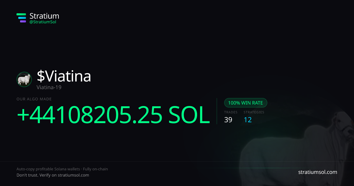 Viatina copy trading performance on Stratium — 39 trades, 100% win rate, +44108205.25 SOL PnL