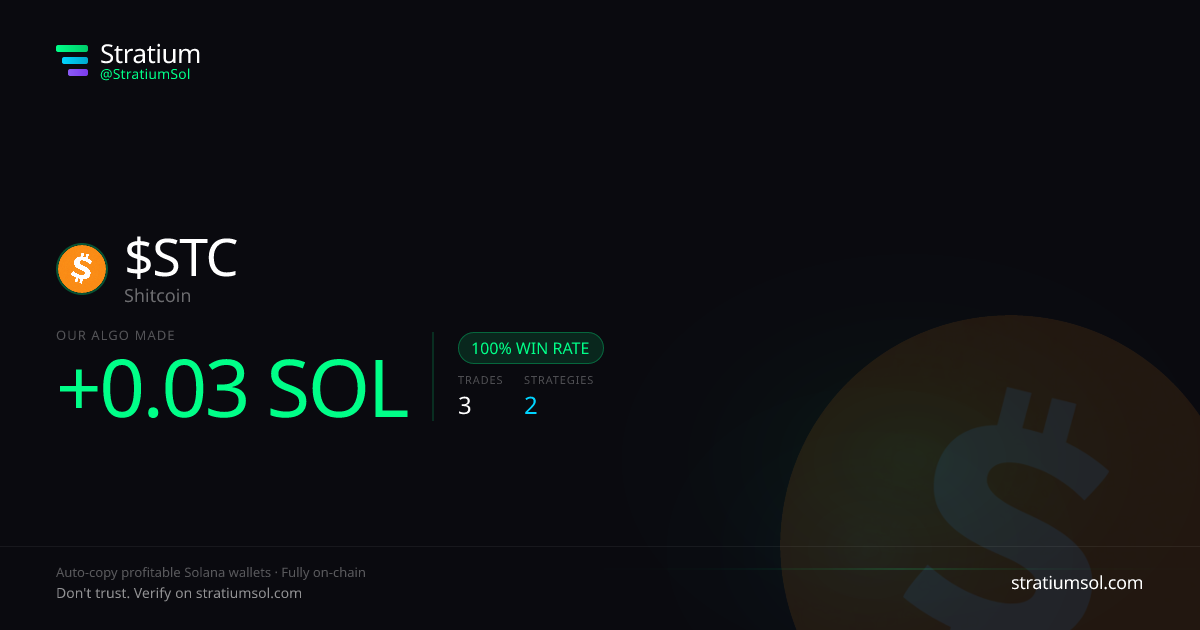 STC copy trading performance on Stratium — 3 trades, 100% win rate, +0.03 SOL PnL