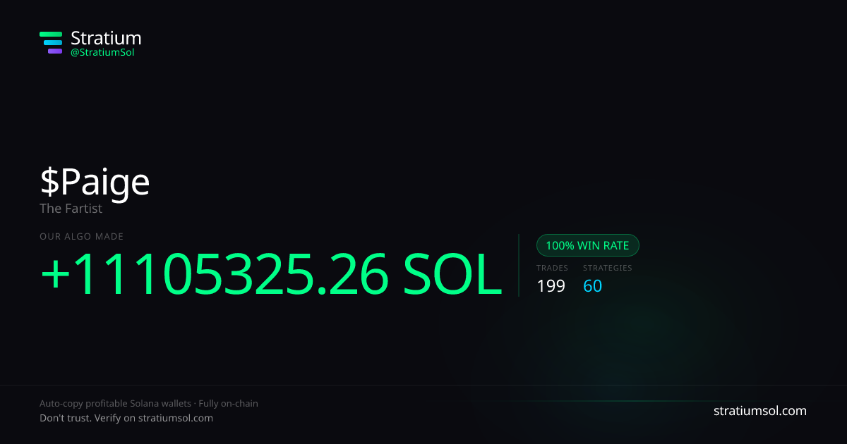 Paige copy trading performance on Stratium — 199 trades, 100% win rate, +11105325.26 SOL PnL