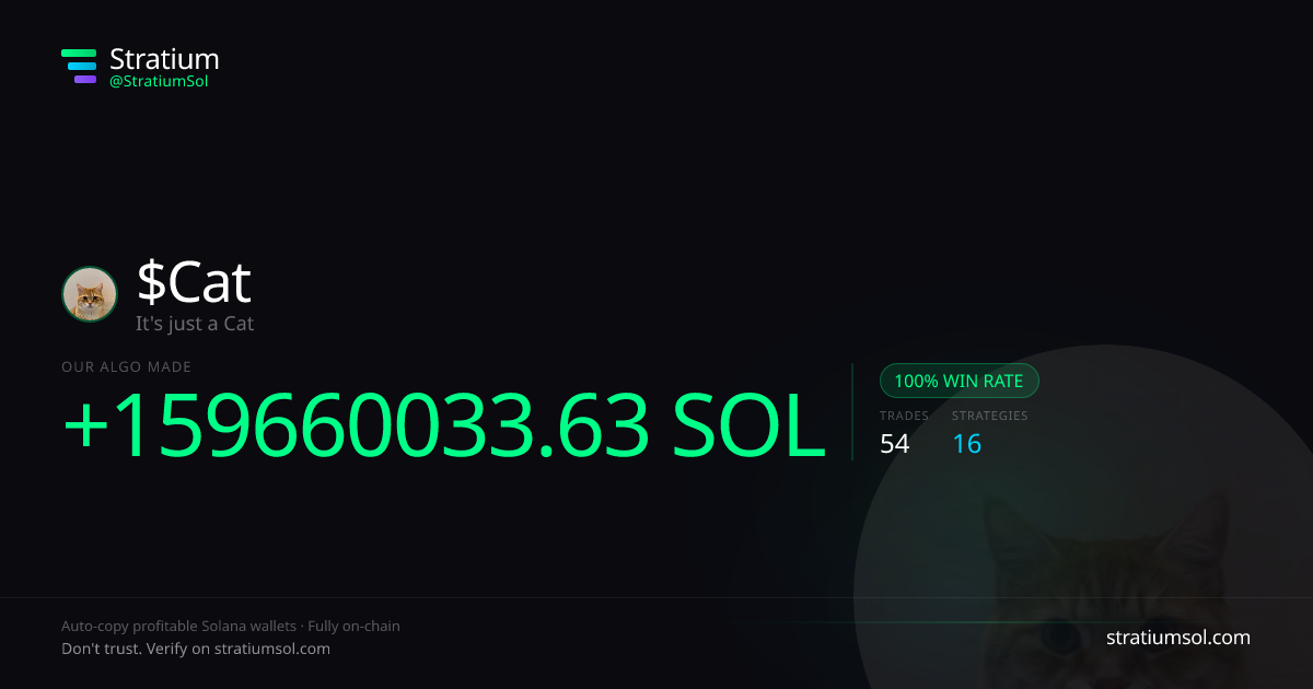 Cat copy trading performance on Stratium — 54 trades, 100% win rate, +159660033.63 SOL PnL