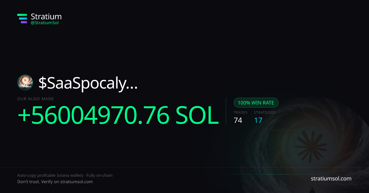 SaaSpocalypse copy trading performance on Stratium — 74 trades, 100% win rate, +56004970.76 SOL PnL