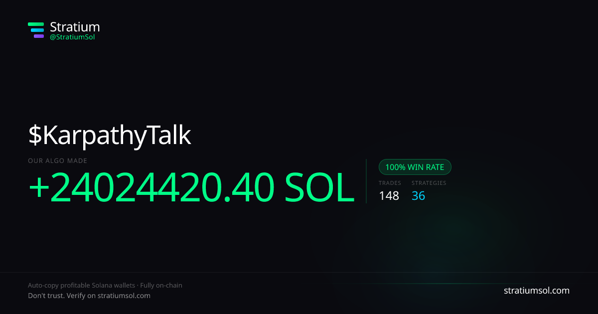 KarpathyTalk copy trading performance on Stratium — 148 trades, 100% win rate, +24024420.40 SOL PnL