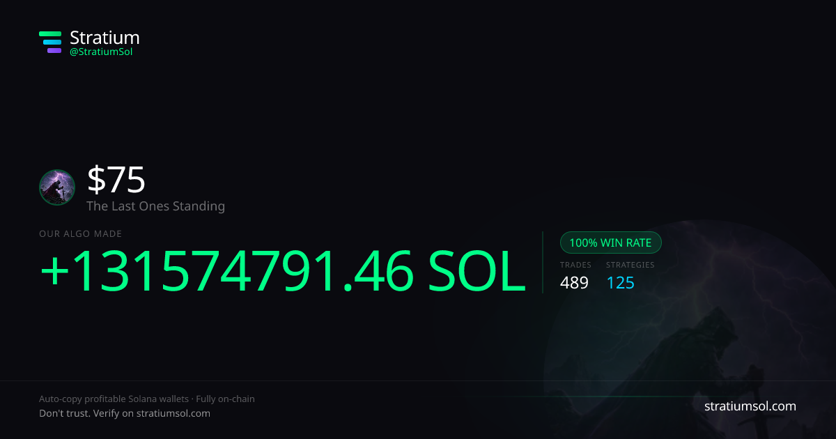 75 copy trading performance on Stratium — 489 trades, 100% win rate, +131574791.46 SOL PnL